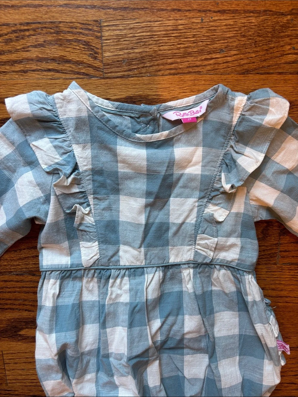 Ruffle Butts Blue & White Gingham Plaid Toddler Ruffle Onesie Bubble Romper 2T